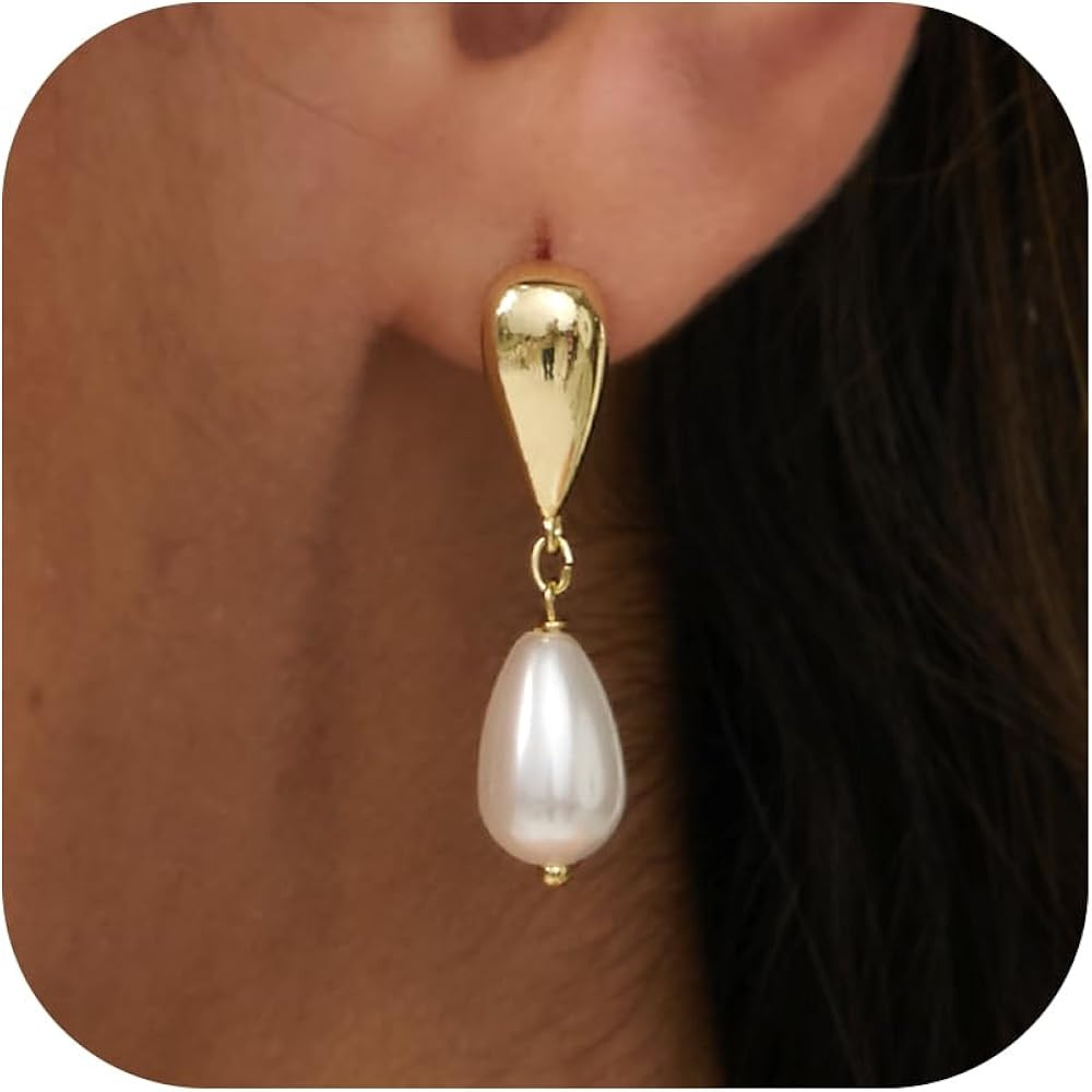 Pearl Earrings for Women - 14K Gold/White Gold Plated Drop Dangle Pearl Wedding Earrings for Brid... | Amazon (US)
