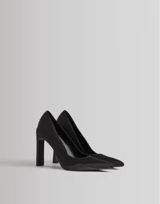 Bershka pointed sporty heeled court shoes in black satin | ASOS (Global)