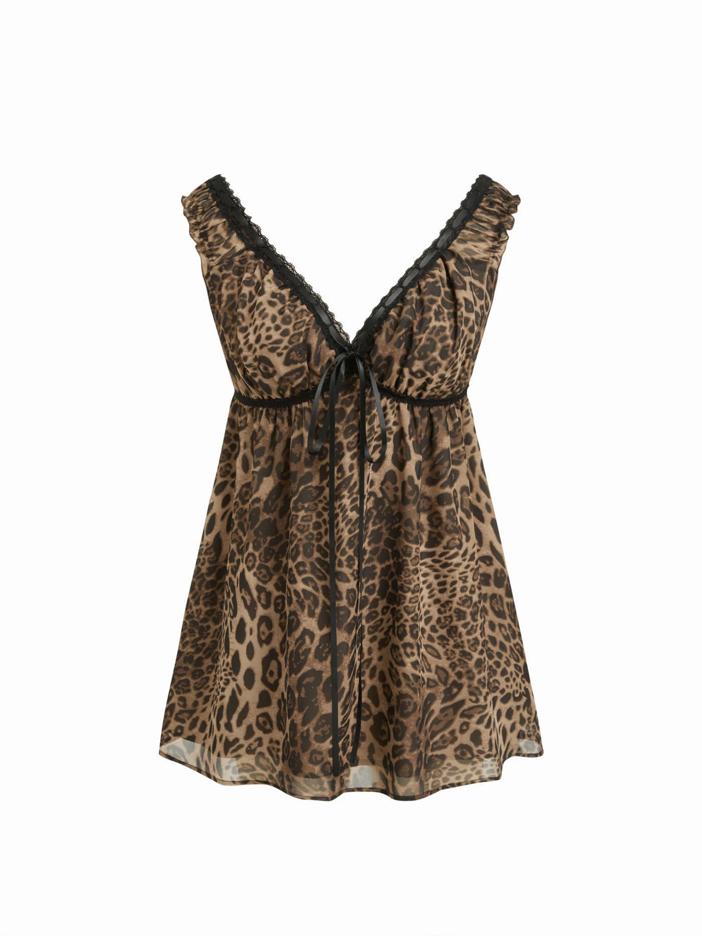 Woven V-neck Leopard Drawstring Lace Trim Nightdress For Bedroom | Cider
