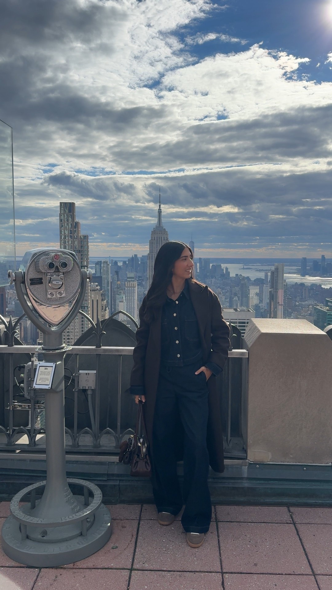 New York outfit, matching set, Zara outfit, brown coat, coach bag, adidas sneakers 