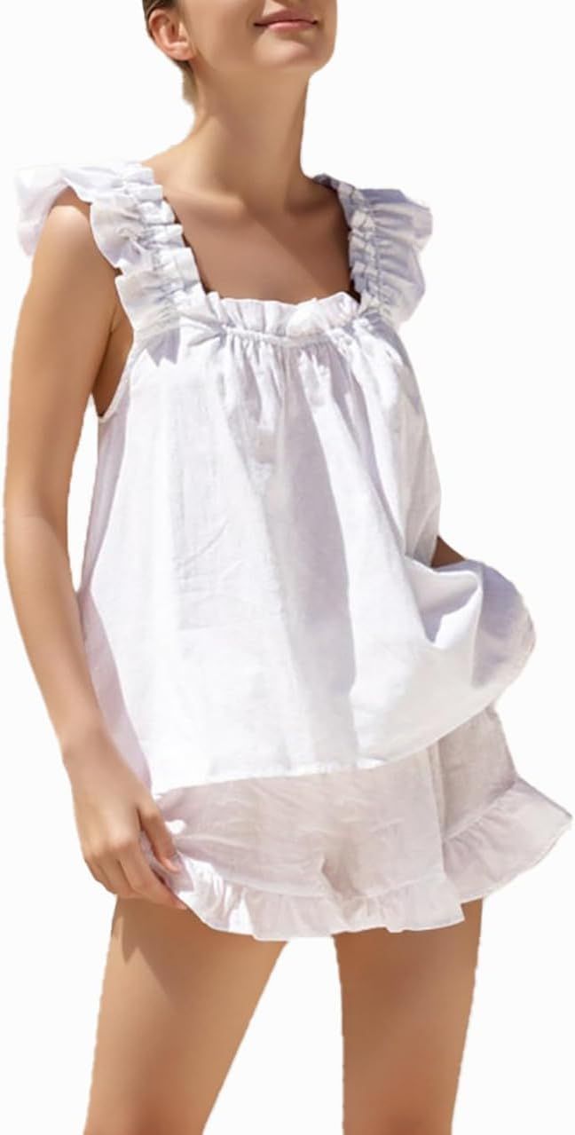 Womens Summer 2 Piece Set Fashion Ruffle Trim Cami and Casual Shorts Set Cotton Pajama Sets | Amazon (US)