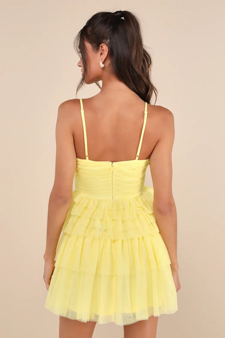 Special Poise Yellow Tulle Pleated Sleeveless Tiered Mini Dress | Lulus