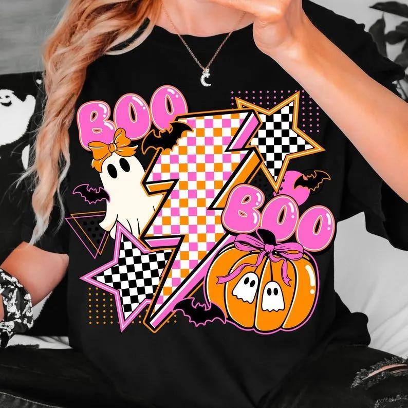 Retro Halloween Ghost Pumpkin T-shirt, Boo Ghost Coquette Tee, Halloween Shirt, Checkered Ghost Shirt, Spooky Season, Fan Gift, Vintage | Etsy (Global)