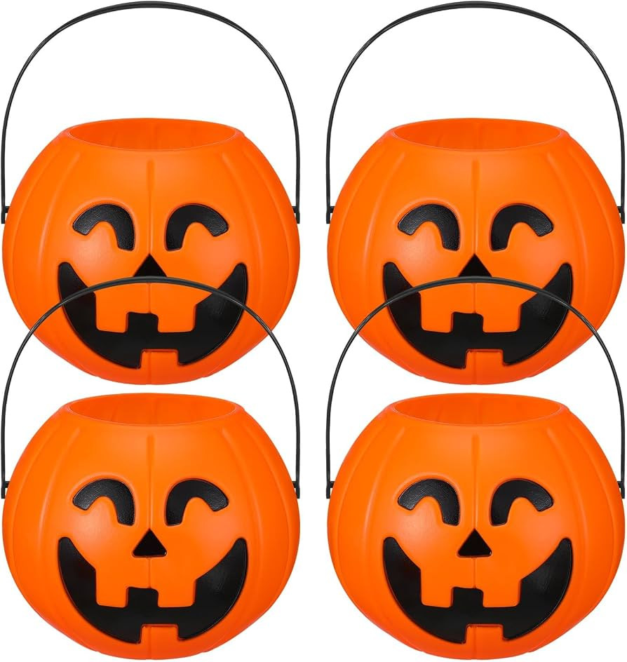 Beeveer 4 Pcs Plastic Pumpkin Buckets, Halloween Candy Baskets, Smile | Amazon (US)