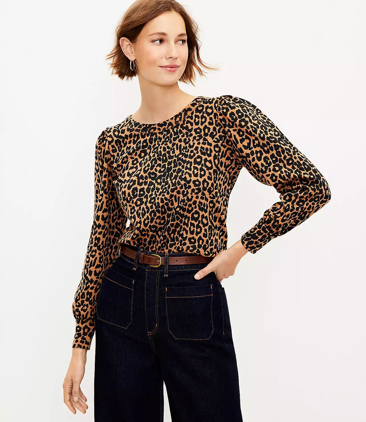 Leopard Print Pleated Long Sleeve Tee | LOFT