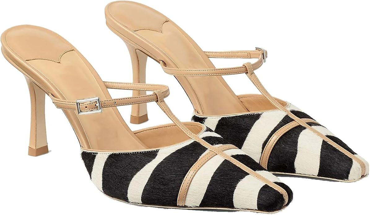 Women's Pointed Toe Stiletto Mules, Zebra Pattern, Adjustable Buckle Strap, Haircalf-Like Upper, ... | Amazon (US)