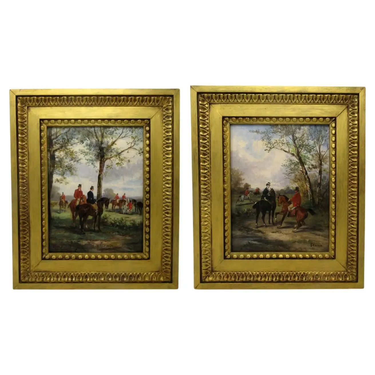 Antique Pair English Equine Horse Hunting Oil Paintings Robert Stone Gilt Frames | 1stDibs