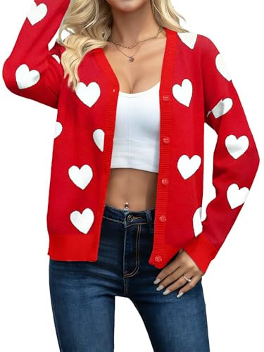 Valentines Cardigan for Women Love Heart Sweaters Valentines Long Sleeve Button Down V Neck Knit Sweater(Red, XX-Large) | Amazon (US)