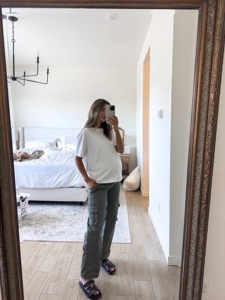 Small in maternity white t shirt & 27 in maternity cargo pants! 

Bump friendly, bump style, maternity pants 

#LTKbump #LTKfindsunder100