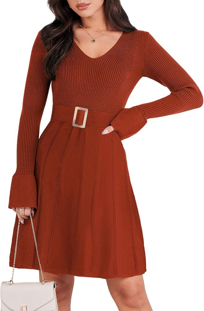 Women's Sweater Dress Long Sleeve V Neck Tie Waist Pleated A-Line 2023 Fall Elegant Ribbed Knit M... | Amazon (US)