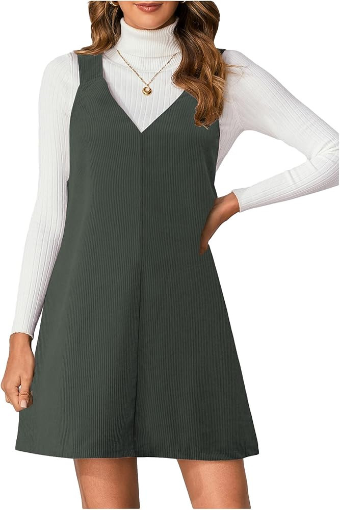 Milumia Women V Neck Corduroy Overall Dress 2025 Fall Mini Pinafore Jumper Dress | Amazon (US)