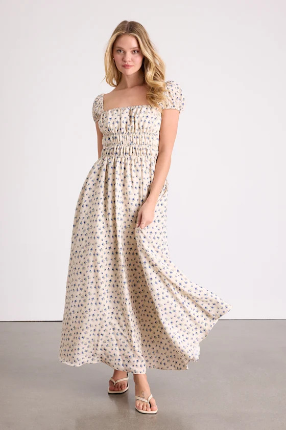 Wanda Ivory Ditsy Floral Tie-Back Puff Sleeve Maxi Dress | Lulus