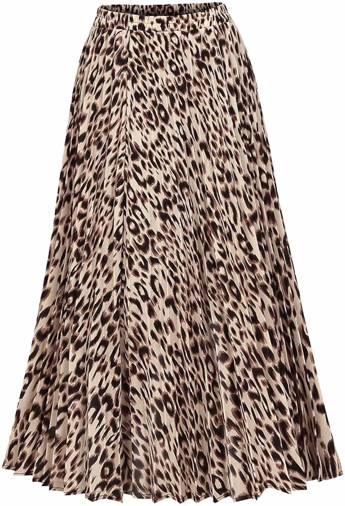 Womens Midi Long Skirt Leopard Print Pleated High Waisted Cheetah A Line Skirts | Amazon (US)