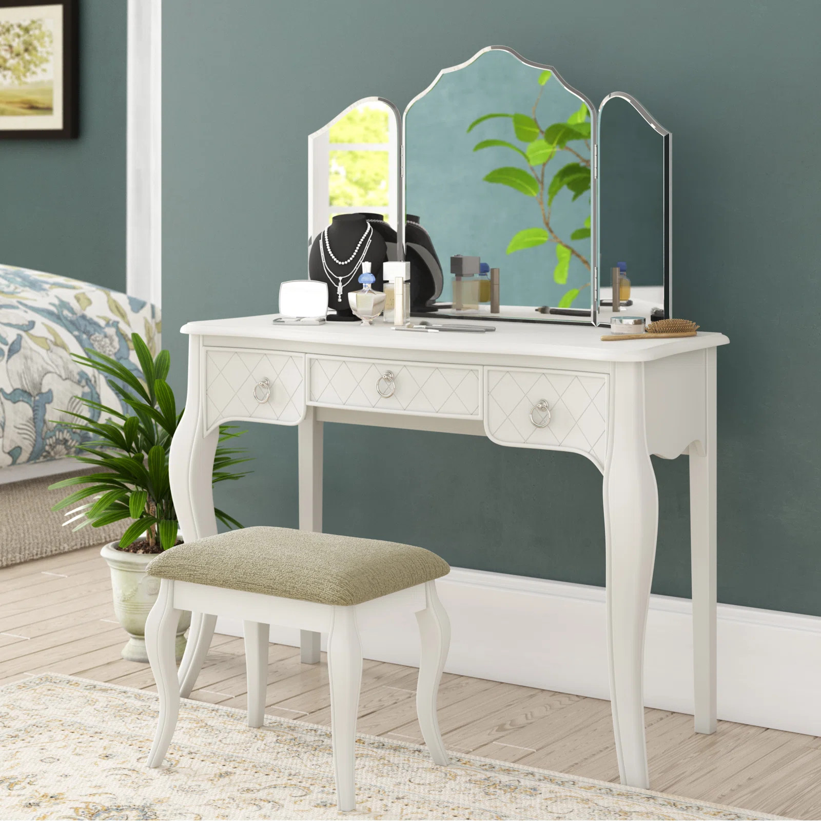 Astoria Grand Caden Tri Fold Vanity Set with Stool and Mirror & Reviews | Wayfair | Wayfair North America