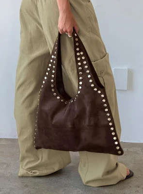 Tell The Truth Studded Faux Suede Bag Chocolate | Princess Polly US