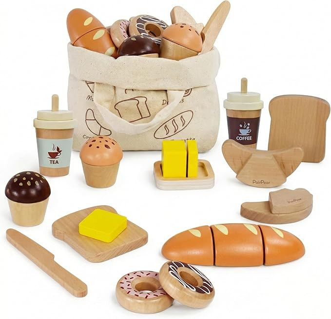 PairPear Wooden Bakery Play Food Set, Pretend Play Kitchen Accessories with Shopping Bag, Kids Cu... | Amazon (US)