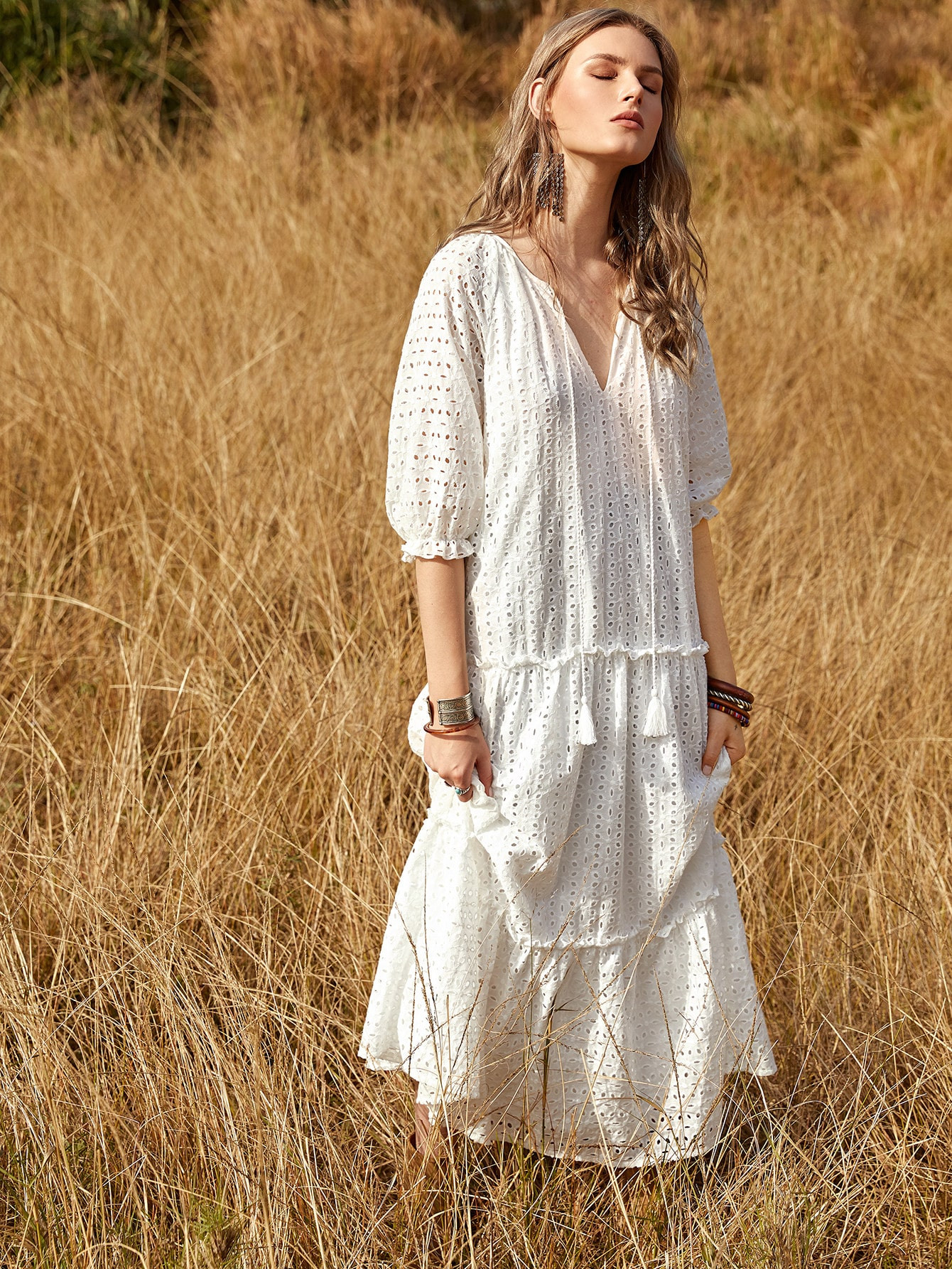 Tie Neck Frill Trim Schiffy Dress | SHEIN