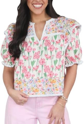 Women Floral Patchwork Short Sleeve Shirt Boho Flutter Sleeve V Neck Peplum Blouse Tops Summer Y2... | Amazon (US)