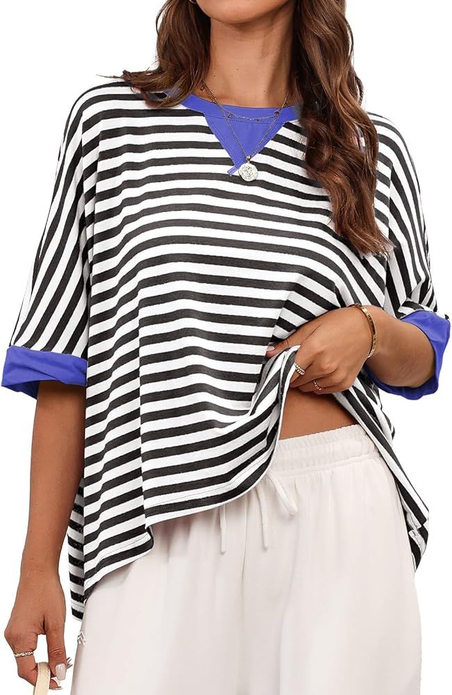 Dokotoo oversized shirts for Women Striped Summer 2024 Women's Fashion Loose Basic Tee | Amazon (US)