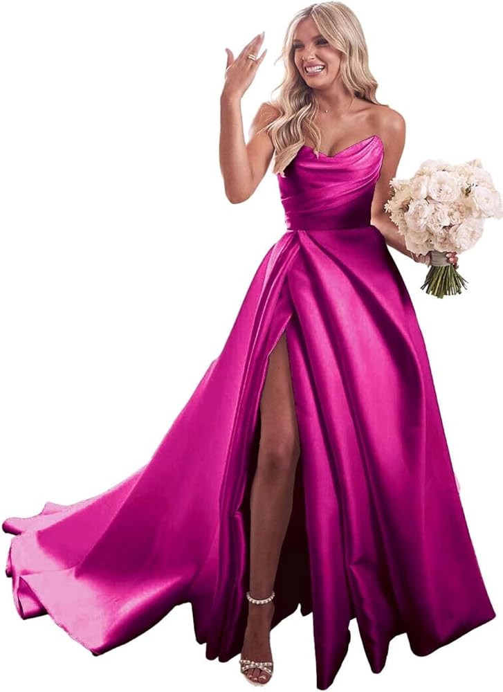 Zepumen Strapless Satin Prom Dresses Long Wedding Dress A-Line Formal Evening Party Gowns | Amazon (US)