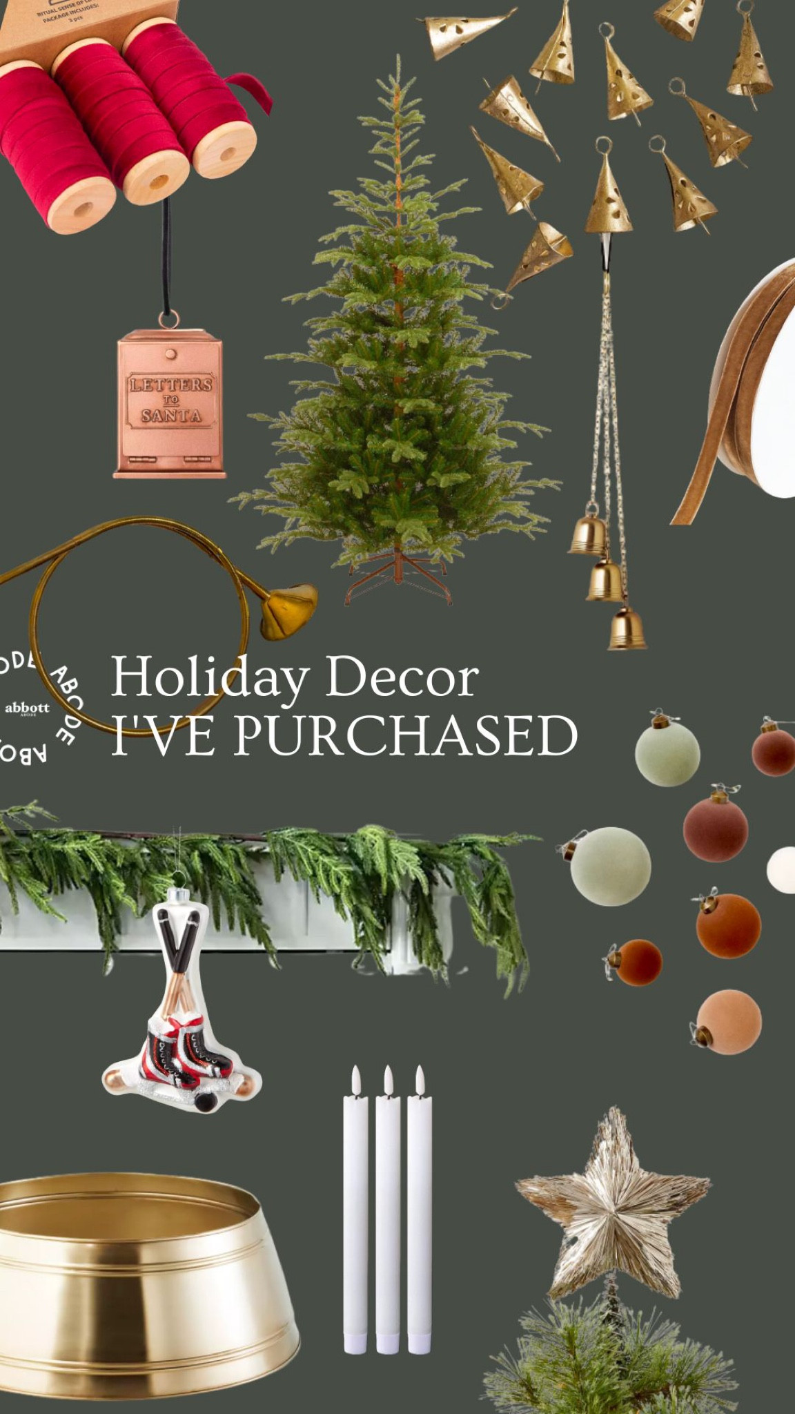 Here’s a list of what I’ll be using to deck the halls in our home this year.

Spools of ribbon, brass bells, ornaments, flameless candles.

#LTKSeasonal #LTKHoliday #LTKhome