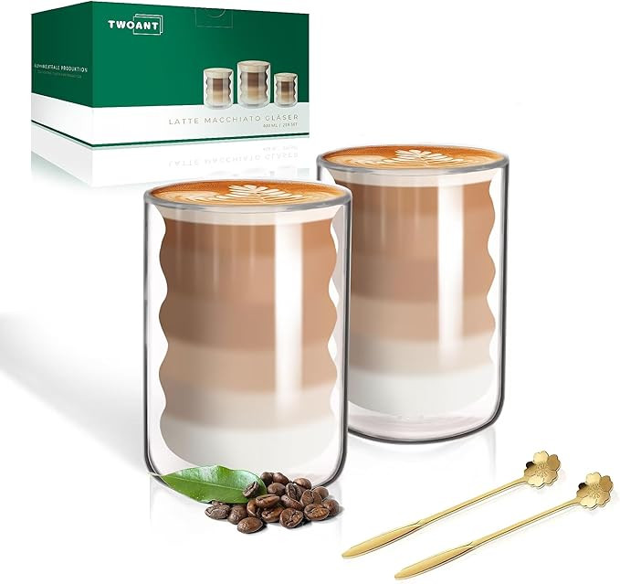 twoant Double Walled Coffee Glasses Mugs 2x400ml Cappuccino Latte Macchiato Glasses Cups with 2 S... | Amazon (UK)