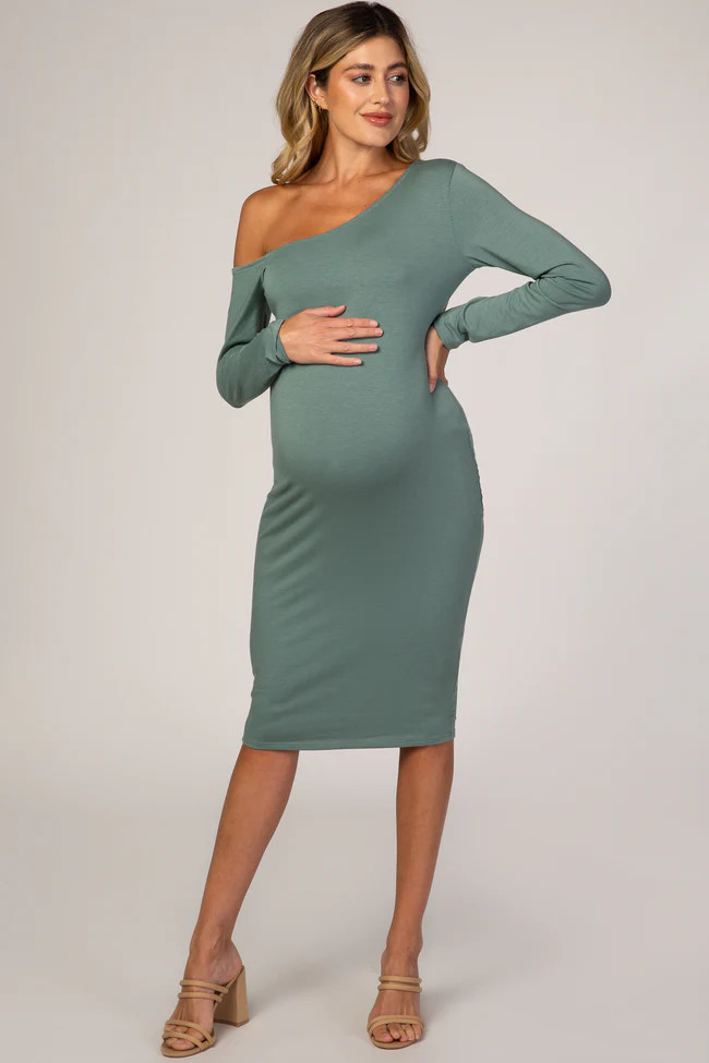 PinkBlush Dusty Green One Shoulder Fitted Midi Maternity Dress | PinkBlush Maternity