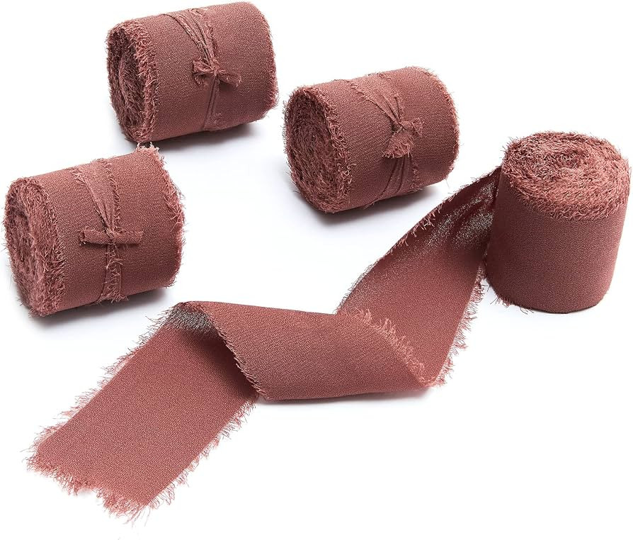 4 Rolls 1.5"W x 5Yd Rust Red Handmade Fringe Chiffon Silk Ribbon, Frayed Edges Ribbon for Wedding... | Amazon (US)