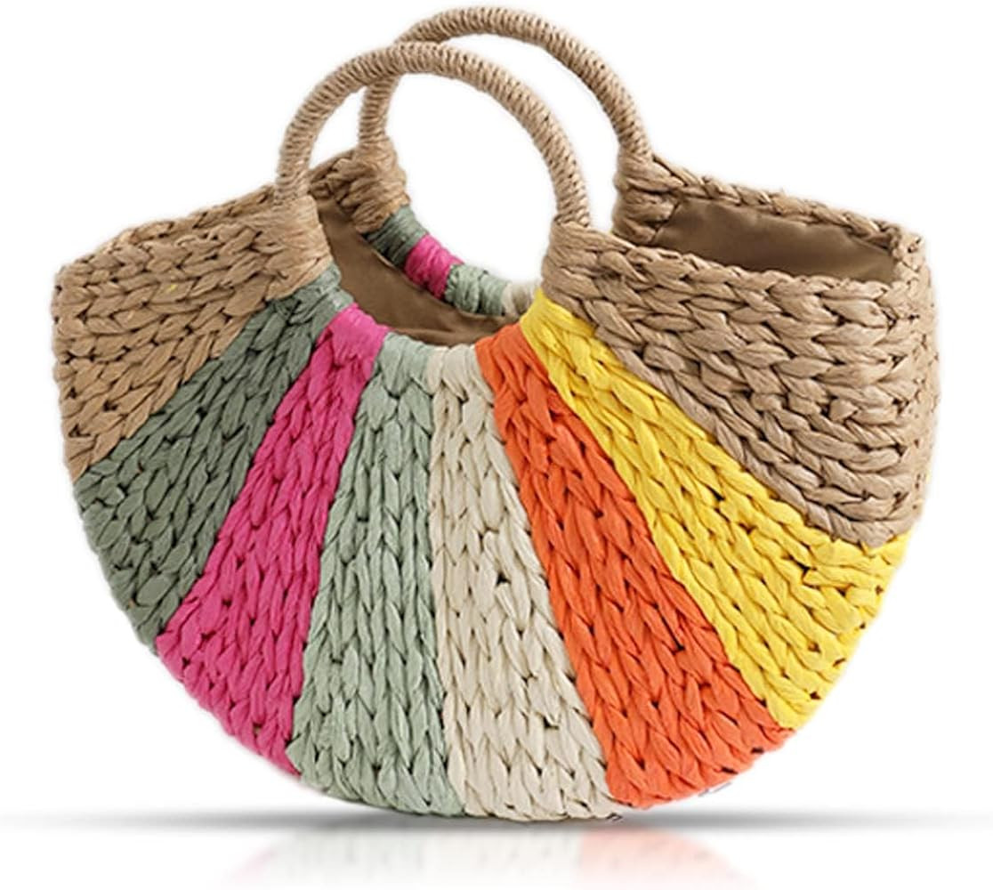 Straw Bag, Beach Bag for Woman, Bohemian Hand-Woven Handbags, Semi-circular Color Tote Bag, Straw... | Amazon (US)
