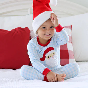 Happy Santa Blue Gingham Pajamas | Classic Whimsy