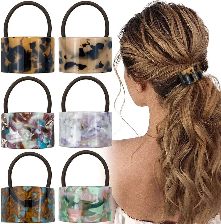 6Pcs Tortoise Shell Hair Ties Acetate Ponytail Holder Cuff Rectangle Elastic French Bands Leopard... | Amazon (US)