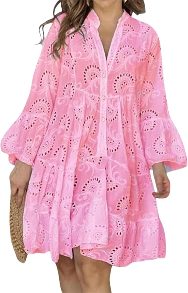 White Floral Dress for Women Hollow Out Lace Boho Solid V Neck Long Sleeve Button Down Midi Dress | Amazon (US)