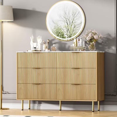 Modern Fluted 6-Drawer Dresser - Wide Wooden Chest with Metal Handles - Spacious Storage for Bedroom - Sleek Contemporary Style - Grey | Target