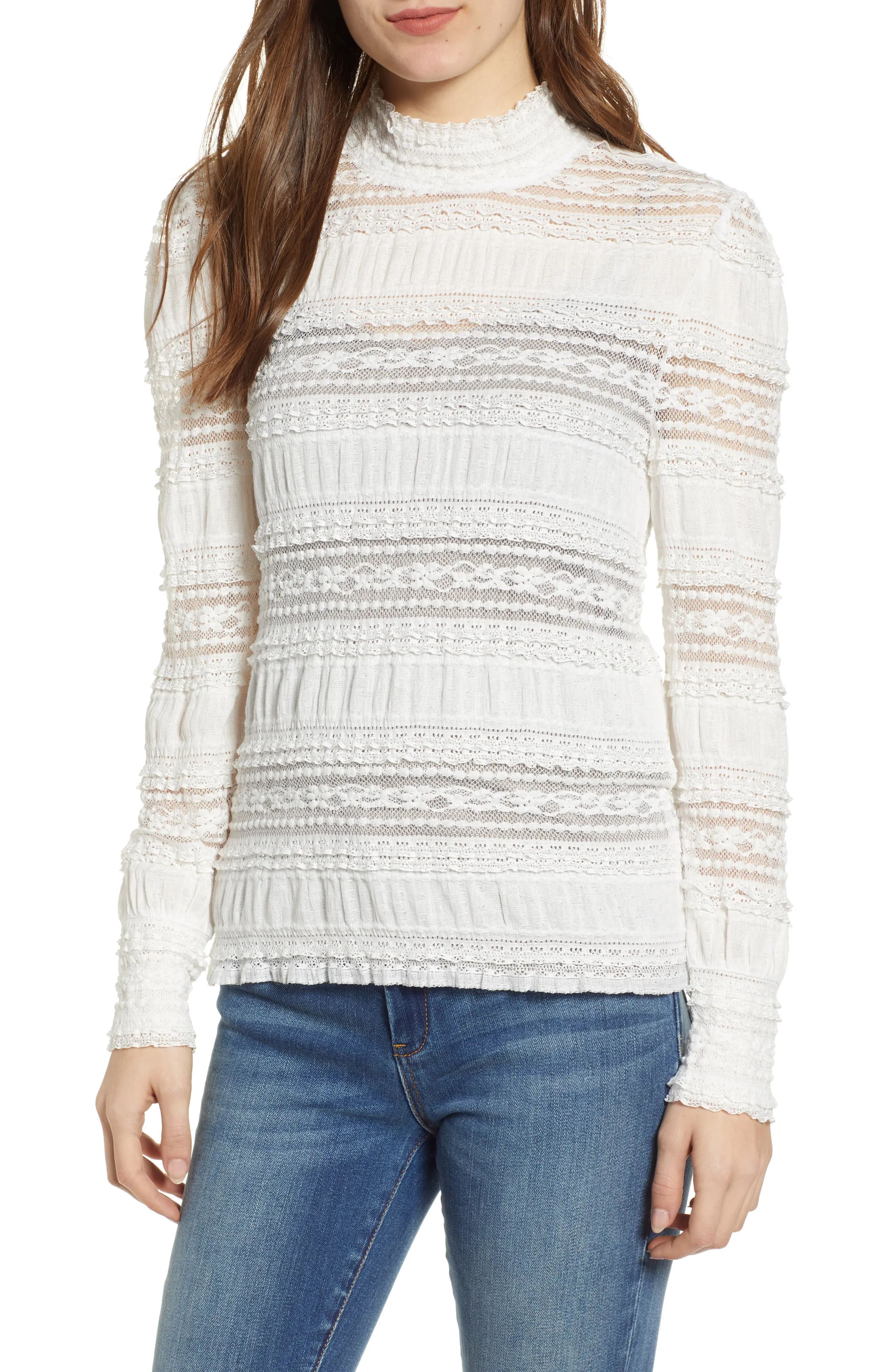 Women's Hinge Lace Inset Turtleneck, Size X-Small - White | Nordstrom