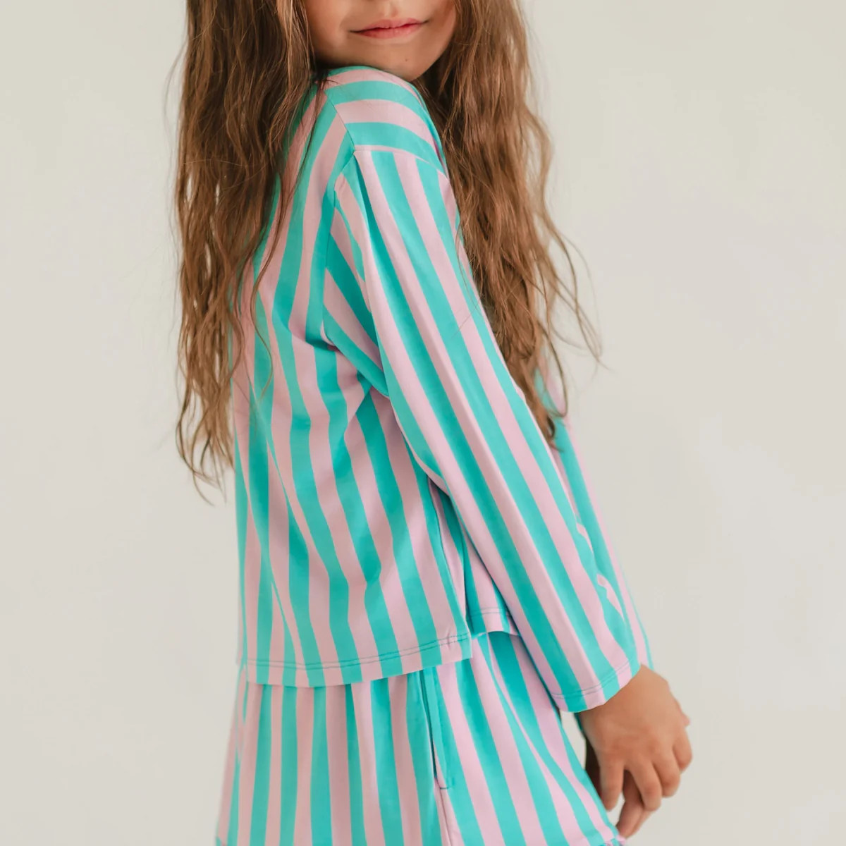 Girl's Long Sleeve and Ruffle Shorts Set in Cotton Candy Stripes | Silks Design