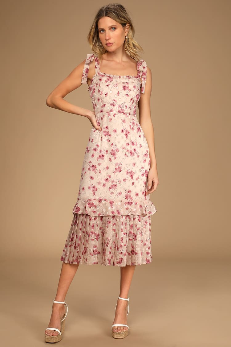 Terrace Views Taupe Floral Print Tiered Midi Dress | Lulus (US)