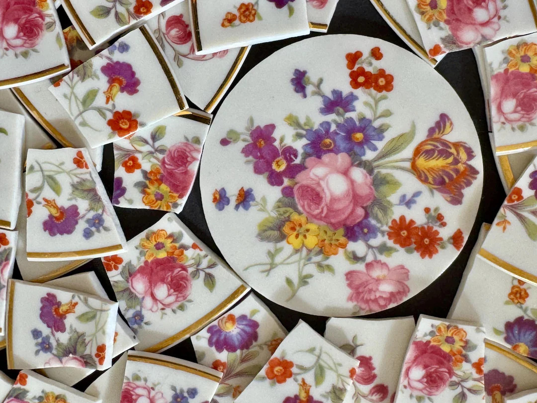 100 Vintage Floral 'sharon' 1 Focal China Mosaic Tiles - Flowers, Gold Edge - Etsy | Etsy (US)
