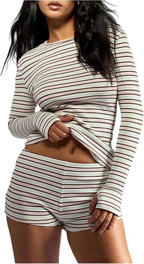 Verdusa Women's Comfiest Airport Outfits 2 Piece Sets Striped Long Sleeve Lounge Set and Mini Sho... | Amazon (US)