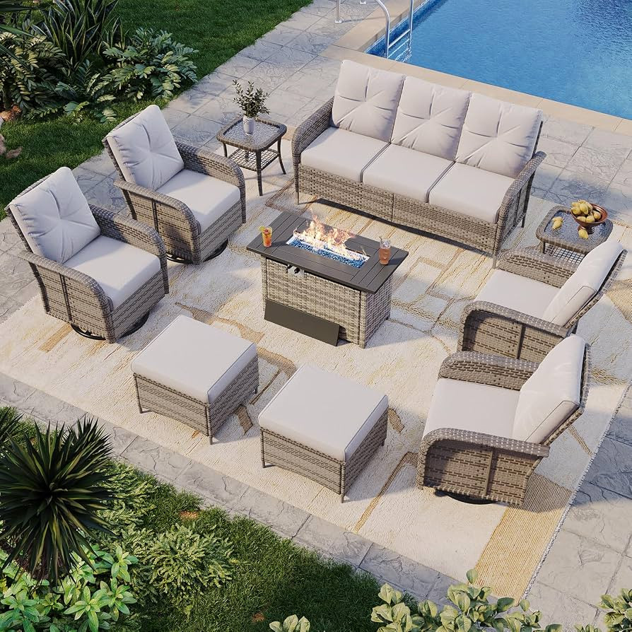 Aoxun 10-Piece Patio Furniture Set with 44\u201d Fire Pit Table, Wicker Rattan Outdoor Sectional ... | Amazon (US)
