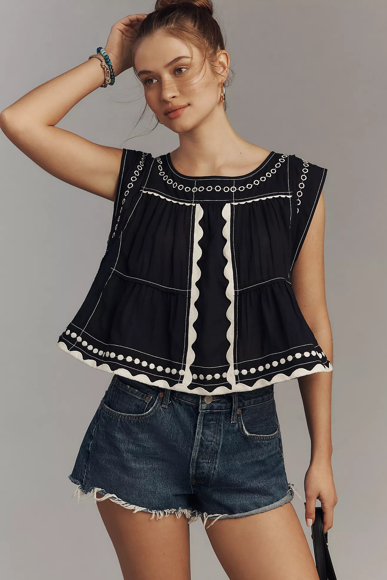 By Anthropologie Embellished Graphic Babydoll Top | Anthropologie (US)