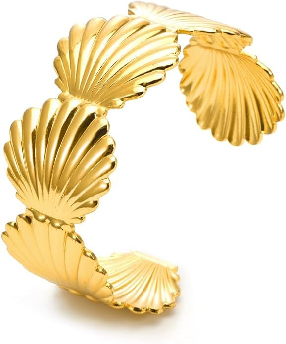 Shell Bracelet for Women Chunky Adjustable Golden 18K Plated Stainless Steel Beach Bangle Vintage... | Amazon (US)
