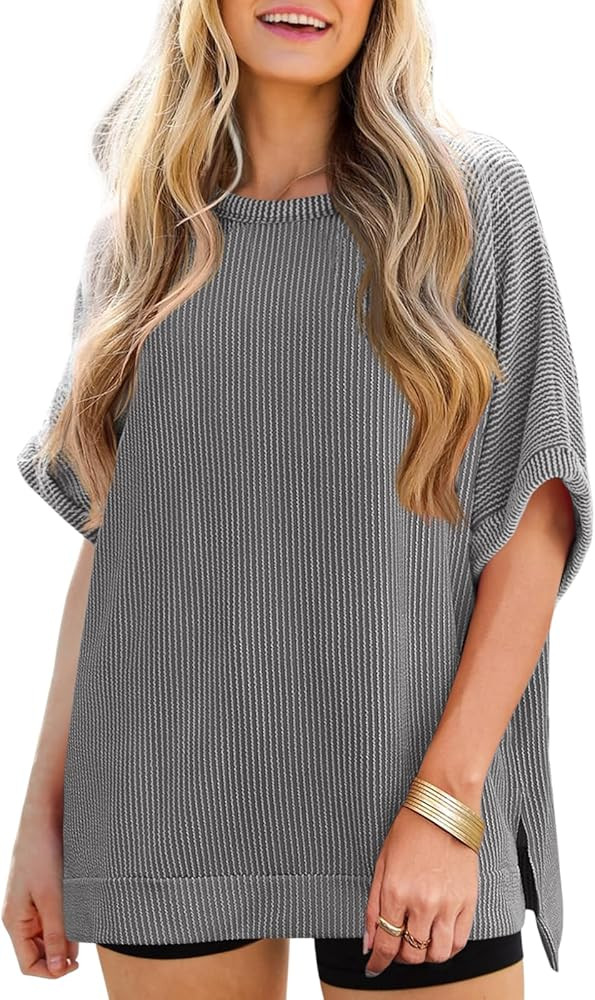 Tankaneo Womens Oversized T Shirts Summer Casual Ribbed Batwing Short Sleeve Tunic Tops Loose Fit... | Amazon (US)