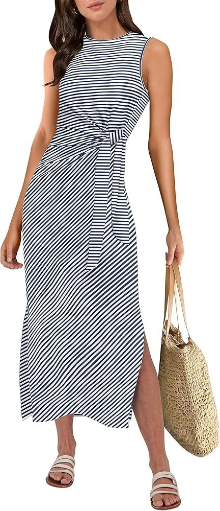 ANRABESS Womens Summer Casual Sleeveless T Shirt Midi Dress Slim Fit Tie Waist Split Tank Long Dr... | Amazon (US)