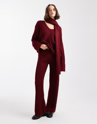 4th & Reckless deep cuff V-neck scarf detail sweater and knit wide leg pants set in burgundy | AS... | ASOS (Global)