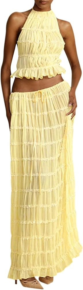 Generic Womens 2 Piece Maxi Skirt Set, Lace Up Sleeveless Tank Top and Flowy Long Skirt 2024 Summ... | Amazon (US)