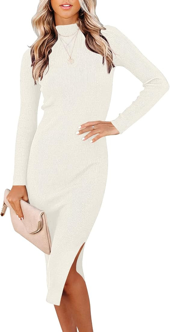 ANRABESS Women's Long Sleeve Ribbed Sweater Dress Turtleneck Slim Fit Slit Midi Dress | Amazon (CA)