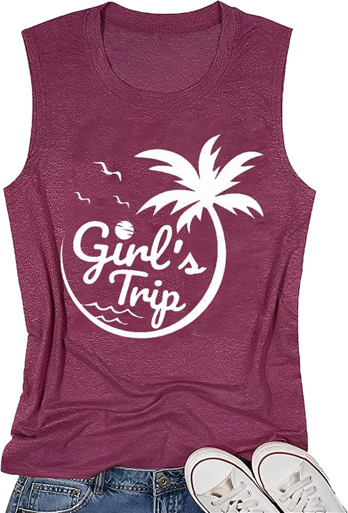 wxqxzly Girls Trip Tank for Women Coconut Tree Graphic Print Summer Workout Sleeveless O Neck Tan... | Amazon (US)