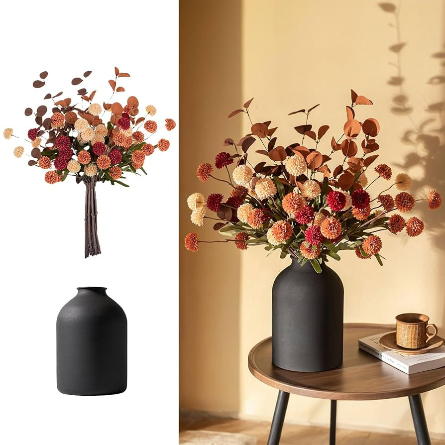BLOSMON Fall Flowers in Vase for Centerpieces: Metal Vase with 12 Stems of Fake Mums Kiku Flowers... | Amazon (US)