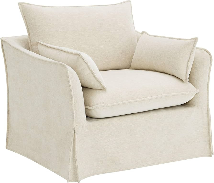 Beige Linen Single Sofa Chair - Single Couch Chair with Skirt & 2 Throw Pillows, Oversized Armcha... | Amazon (US)