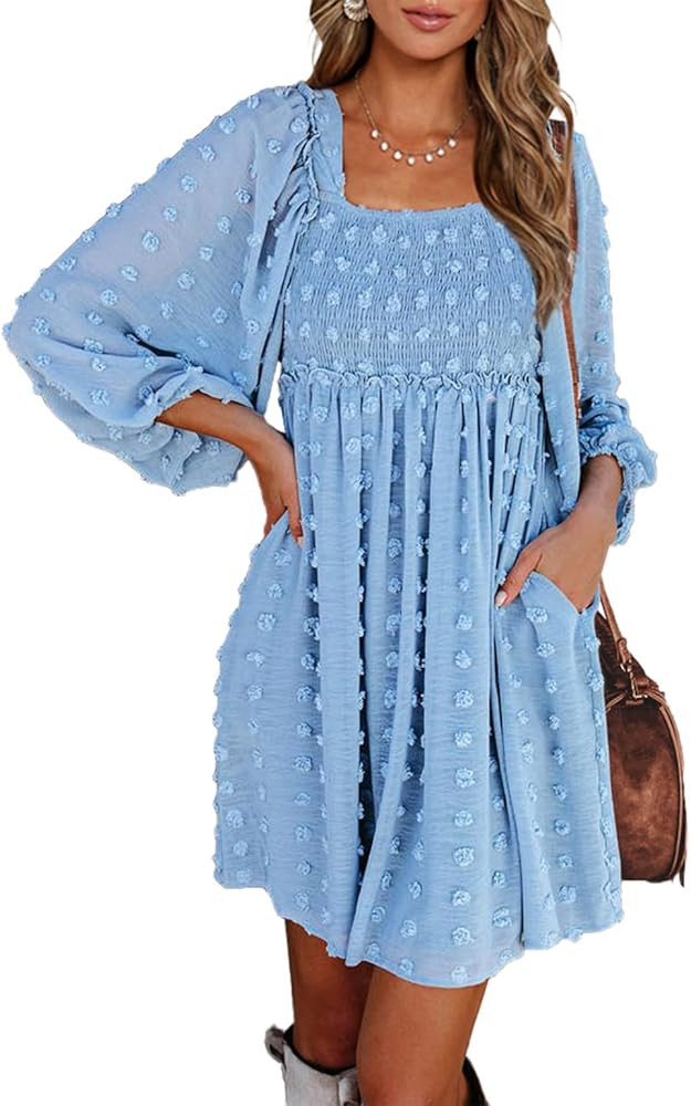 BTFBM Women 2023 Spring Summer Square Neck Smocked Dresses Long Sleeve Floral Swiss Dot Ruffle Pa... | Amazon (US)